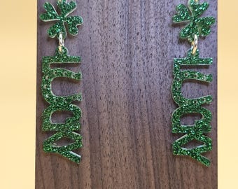 LUCKY Earrings. Glittering Green with matching 4 leaf clover.