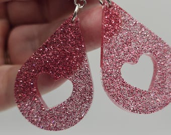 Dusty Rose Glitter Heart Earrings | Resin Teardrop Dangles