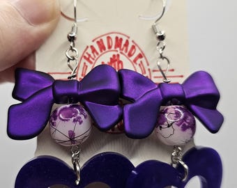 Royal Purple Heart Earrings with Bows, Unique, Handmade