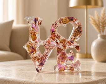 AMOR Hecho con resina transparente y relleno de vidrio roto color oro rosa