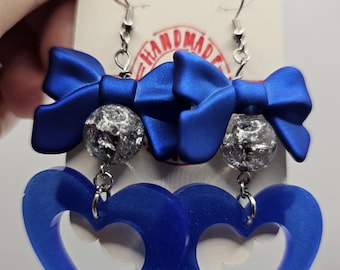 Royal Blue Heart Earrings with Bows, Unique, Handmade