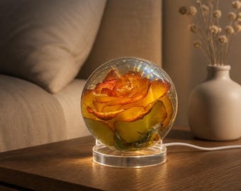 Crystal Ball, made from resin, rose inclusion, with color change light up base