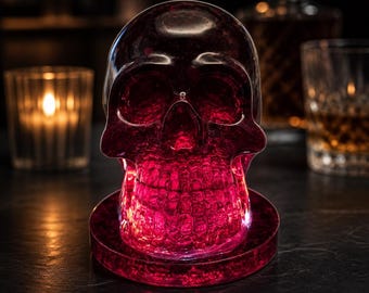 Calavera llena de glóbulos rojos, con base iluminada, resina y vidrio, luz nocturna, lámpara, figura