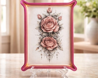 Decorative Tray or Display Featuring Rose-Pink Roses.