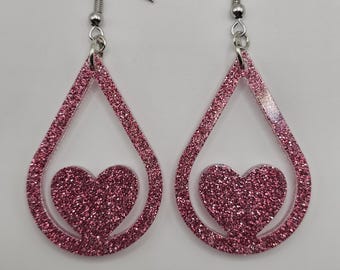 Dusty Rose Glitter Heart Teardrop Earrings | Resin Statement Jewelry