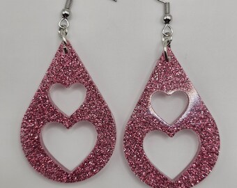Dusty Rose Glitter Teardrop Earrings | Double Heart Resin Dangles