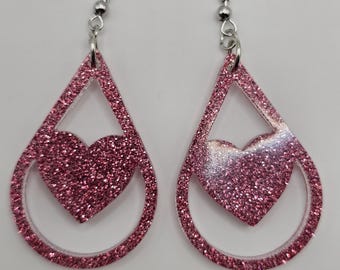 Dusty Rose Glitter Heart Teardrop Earrings | Resin Statement Jewelry