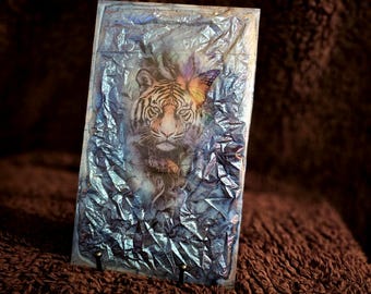 Tiger and Butterflies, Home Decor. Tray or display. Layered for depth giving a 3D look.