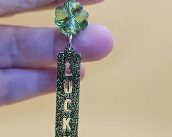 LUCKY Earrings. Glittering Green with attached four leaf clover charm bead