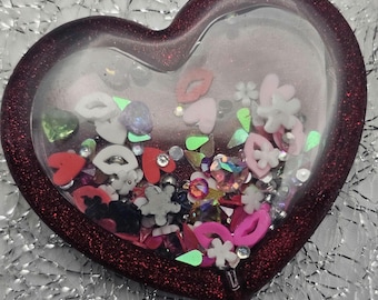 Heart shaped red glitter dry rattle shaker, phone grip or badge reel