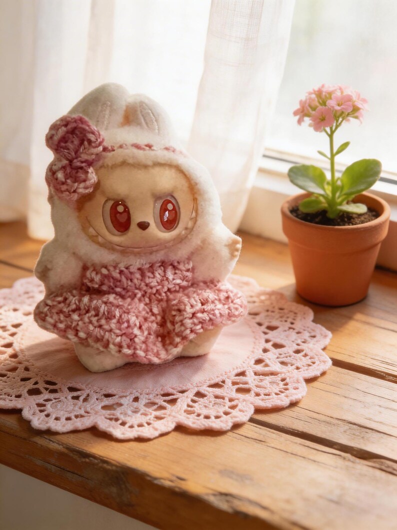 May include: A plush doll with a bunny-like hood and a pink crocheted dress. The doll has large, red eyes and is sitting on a pink lace doily. A small potted plant with pink flowers sits nearby on a wooden surface.