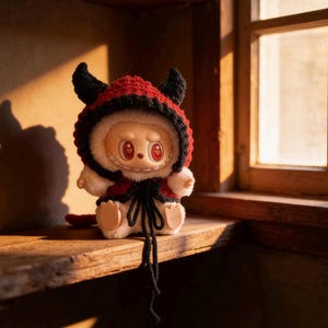 May include: A plush toy doll with a devil-themed outfit. The doll has a white body, red eyes, and a mischievous grin. It wears a red and black crocheted hood with horns and a matching cape. The doll is sitting on a wooden shelf.