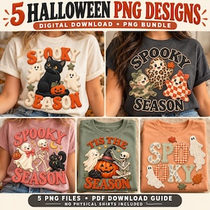 Paquete PNG de temporada espeluznante: 5 diseños de Halloween, fantasmas de patchwork, gato negro y sublimación retro.