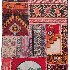 Vintage turkisk lapptäcke i ull, handsydd collagematta, boho accentmatta