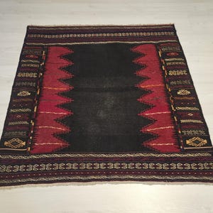Authentic Anatolian Sofra Kilim – Handwoven Wool Tribal Dining Cloth (Dark Red & Black)