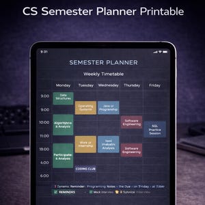 May include: A digital semester planner displayed on a tablet. The screen shows a weekly timetable with subjects like Data Structures, Operating Systems, and Software Engineering. The title "CS Semester Planner Printable" is at the top.