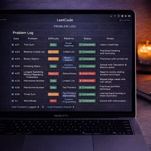 Peut inclure: Un &eacute;cran de MacBook Pro affiche un "Problem Log" pour les probl&egrave;mes LeetCode. Le journal comprend les dates, les noms des probl&egrave;mes, les niveaux de difficult&eacute;, les mod&egrave;les, les statuts et les notes. L'&eacute;cran est sombre avec du texte blanc et des coches vertes.