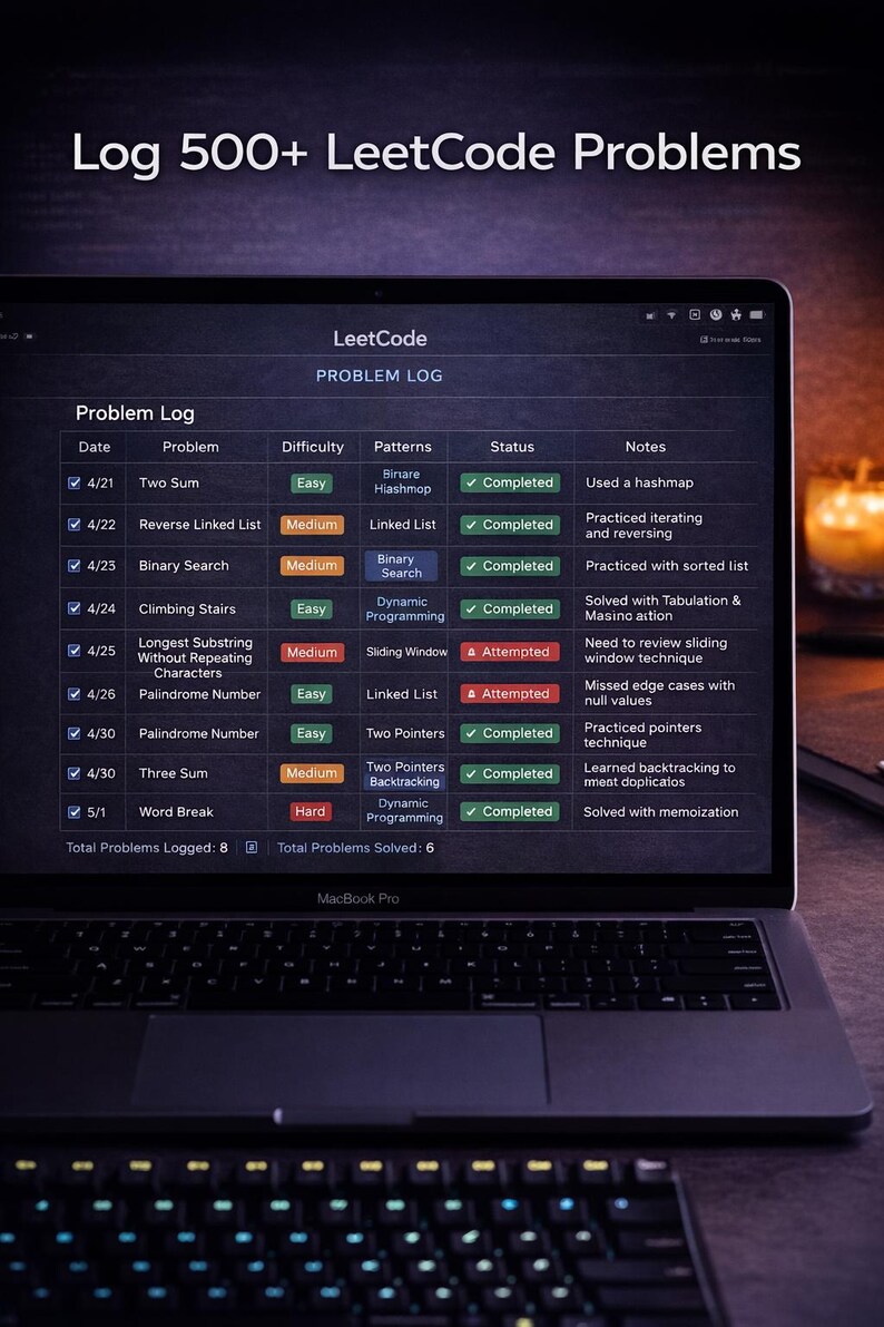 Peut inclure: Un &eacute;cran de MacBook Pro affiche un "Problem Log" pour les probl&egrave;mes LeetCode. Le journal comprend les dates, les noms des probl&egrave;mes, les niveaux de difficult&eacute;, les mod&egrave;les, les statuts et les notes. L'&eacute;cran est sombre avec du texte blanc et des coches vertes.