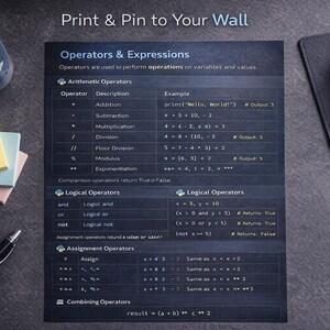 Peut inclure: Une impression gris fonc&eacute; intitul&eacute;e "Operators & Expressions" avec des informations de programmation, une canette de soda, des post-it, un stylo, des trombones et une souris. L'impression comprend des op&eacute;rateurs arithm&eacute;tiques, logiques et d'affectation.