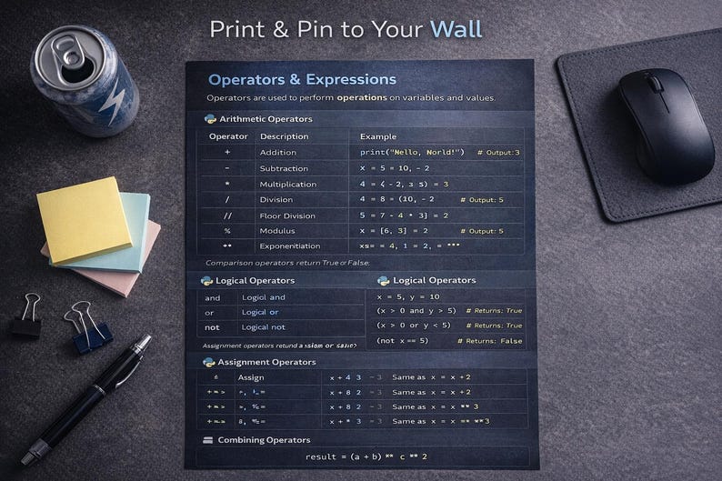 Peut inclure: Une impression gris fonc&eacute; intitul&eacute;e "Operators & Expressions" avec des informations de programmation, une canette de soda, des post-it, un stylo, des trombones et une souris. L'impression comprend des op&eacute;rateurs arithm&eacute;tiques, logiques et d'affectation.