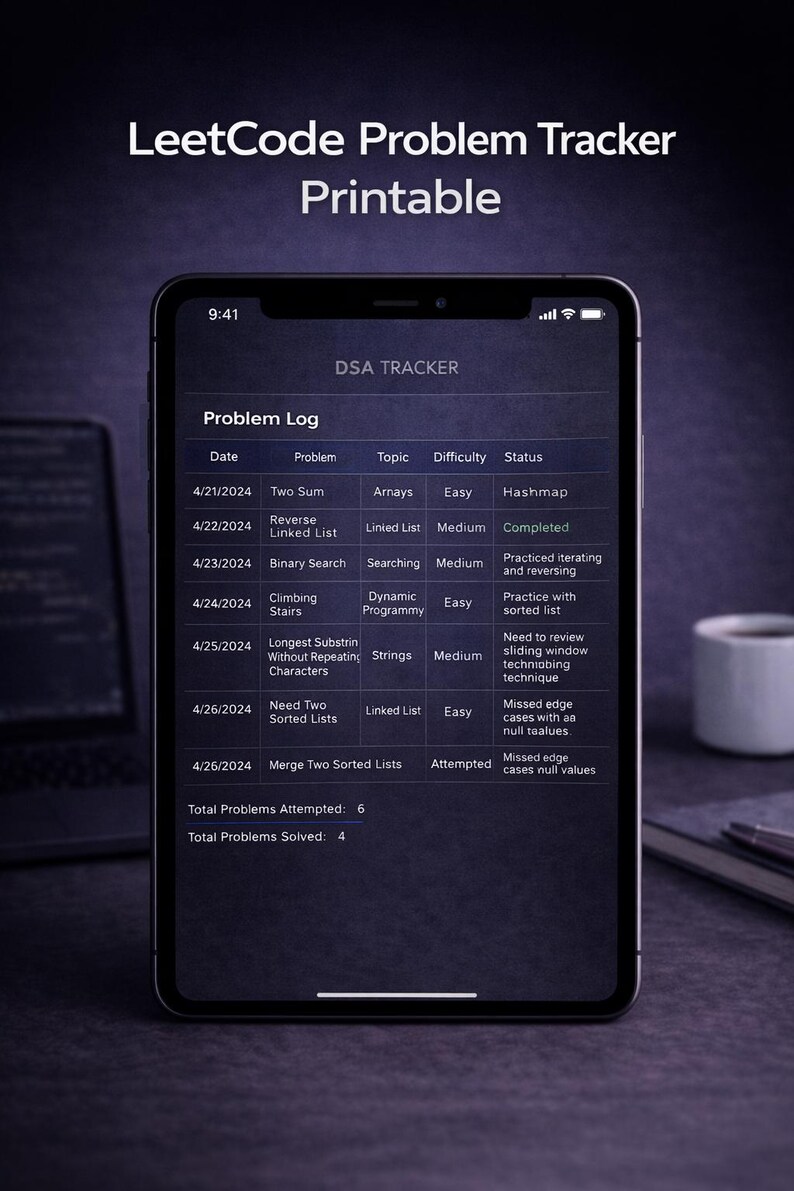 Traceur LeetCode DSA imprimable | Cahier de problèmes d'entretien de codage | Planificateur de structures de données et d'algorithmes PDF image 1