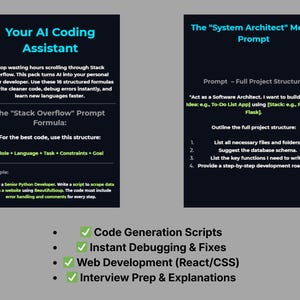 Pode incluir: Dois cart&otilde;es informativos azul escuro com texto branco e verde-azulado. O primeiro cart&atilde;o &eacute; intitulado "Your AI Coding Assistant" e o segundo "The 'System Architect' Mega-Prompt". Abaixo est&atilde;o quatro marcas de sele&ccedil;&atilde;o verdes com texto: Code Generation Scripts, Instant Debugging & Fixes, Web Development (React/CSS) e Interview Prep & Explanations.