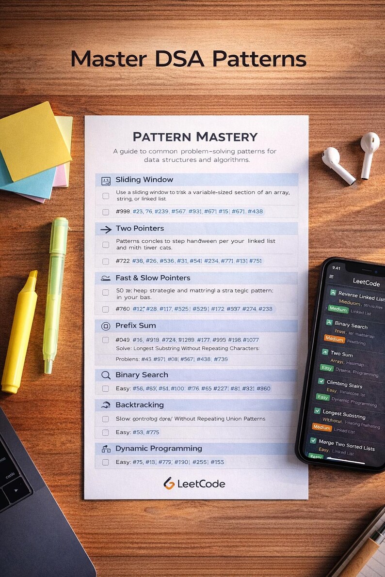 Peut inclure: Un guide des mod&egrave;les de r&eacute;solution de probl&egrave;mes pour les structures de donn&eacute;es et les algorithmes est affich&eacute; sur papier blanc. Un smartphone et des &eacute;couteurs sans fil sont sur une surface en bois.