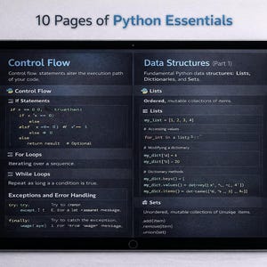 Peut inclure: Une tablette noire affiche "10 Pages of Python Essentials". L'&eacute;cran montre des exemples de code Python, dont "Control Flow" et "Data Structures". La tablette est sur une surface blanche.