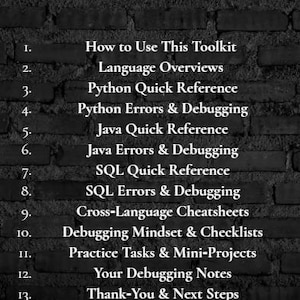 以下が含まれることがあります： レンガの背景に「Contents」という黄色い文字が上部に配置された暗い画像。 下には、「Python Quick Reference」や「Debugging Mindset & Checklists」などのトピックを詳述した番号付きリストがあります。