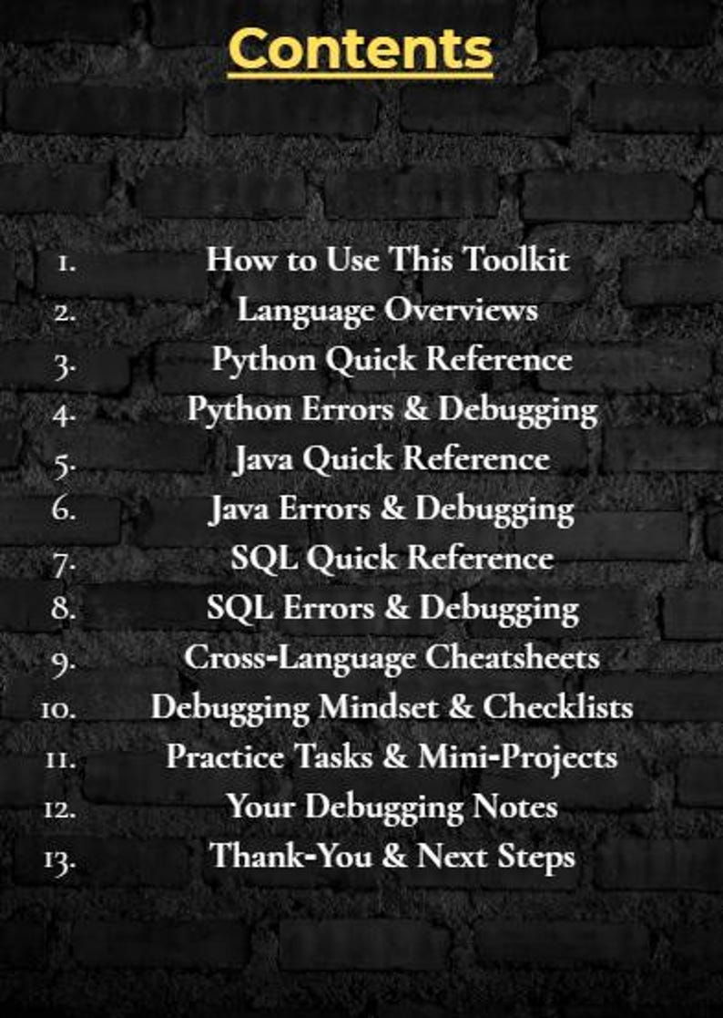 以下が含まれることがあります： レンガの背景に「Contents」という黄色い文字が上部に配置された暗い画像。 下には、「Python Quick Reference」や「Debugging Mindset & Checklists」などのトピックを詳述した番号付きリストがあります。