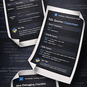 以下が含まれることがあります： コーディング情報が記載された3枚の紙。1枚は一般的なPythonのエラーをリストし、もう1枚はSQLクエリを表示し、3枚目はJavaデバッグチェックリストです。シートは、白いテキストと暗い背景を持っています。