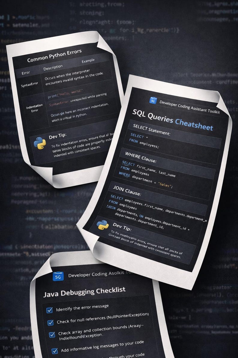 以下が含まれることがあります： コーディング情報が記載された3枚の紙。1枚は一般的なPythonのエラーをリストし、もう1枚はSQLクエリを表示し、3枚目はJavaデバッグチェックリストです。シートは、白いテキストと暗い背景を持っています。