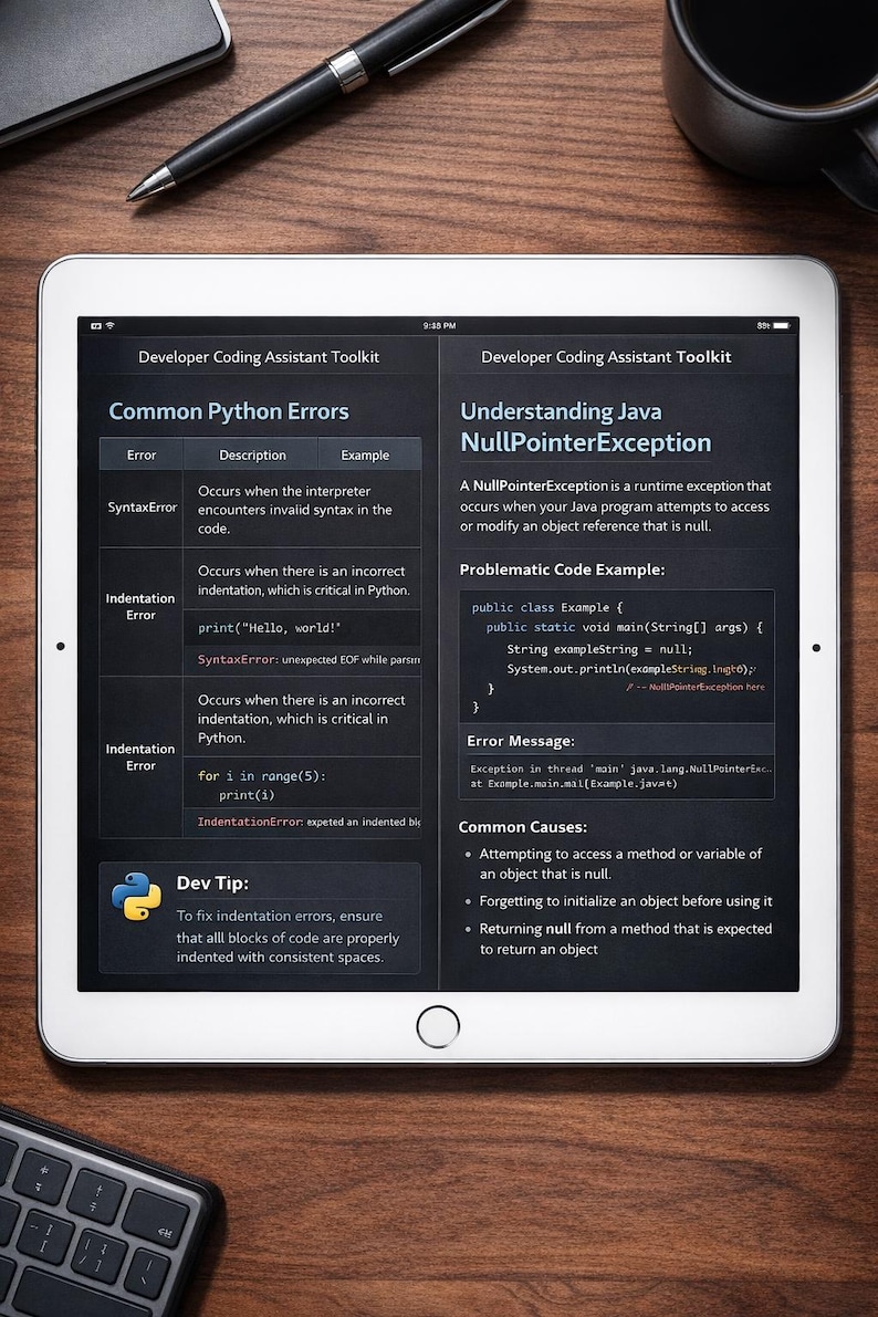 以下が含まれることがあります： 白いタブレットには、PythonとJavaのエラーに関する情報を含むコーディングアシスタントツールキットが表示されています。画面には、構文エラーとインデントエラーの例、および「Dev Tip」とコードスニペットが表示されています。木製の表面には、ペン、キーボード、マグカップがあります。