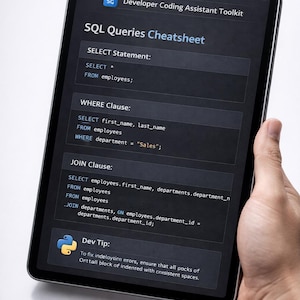 以下が含まれることがあります： SQLクエリのチートシートを表示するタブレット。画面には、SELECT、WHERE、JOIN句のコードスニペットが表示され、開発者向けコーディングアシスタントツールキットのロゴがあります。タブレットは手で持たれています。