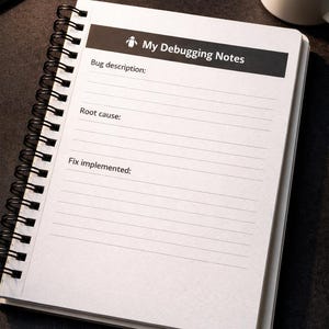 以下が含まれることがあります： 「My Debugging Notes」というタイトルが黒字で書かれた、スパイラル綴じのノート。バグの説明、根本原因、実装された修正を記録するための罫線入りのページがあります。鉛筆とコーヒーカップが暗い表面に置かれています。