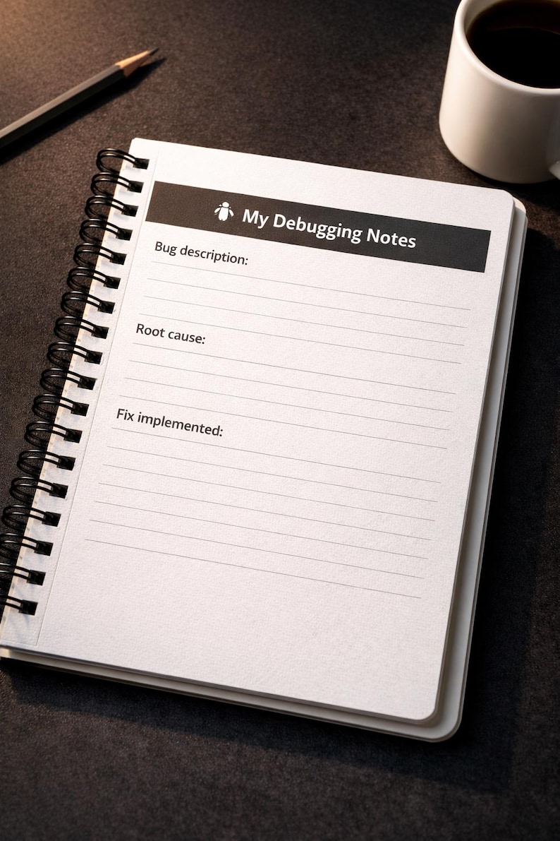 以下が含まれることがあります： 「My Debugging Notes」というタイトルが黒字で書かれた、スパイラル綴じのノート。バグの説明、根本原因、実装された修正を記録するための罫線入りのページがあります。鉛筆とコーヒーカップが暗い表面に置かれています。