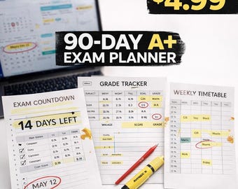 Study & Exam Master Planner | 90 Day Tech Student Study Schedule and Grade Tracker PDF