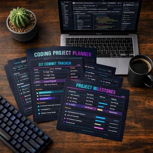 Könnte beinhalten: Ein Arbeitsplatz mit einem Laptop, der Code anzeigt, einer Tastatur und Projektplanungsblättern. Die Blätter mit den Titeln "Coding Project Planner", "Git Commit Tracker" und "Project Milestones" weisen farbige Fortschrittsbalken und Checklisten auf. Eine Kaffeetasse und ein kleiner Kaktus sind ebenfalls vorhanden.