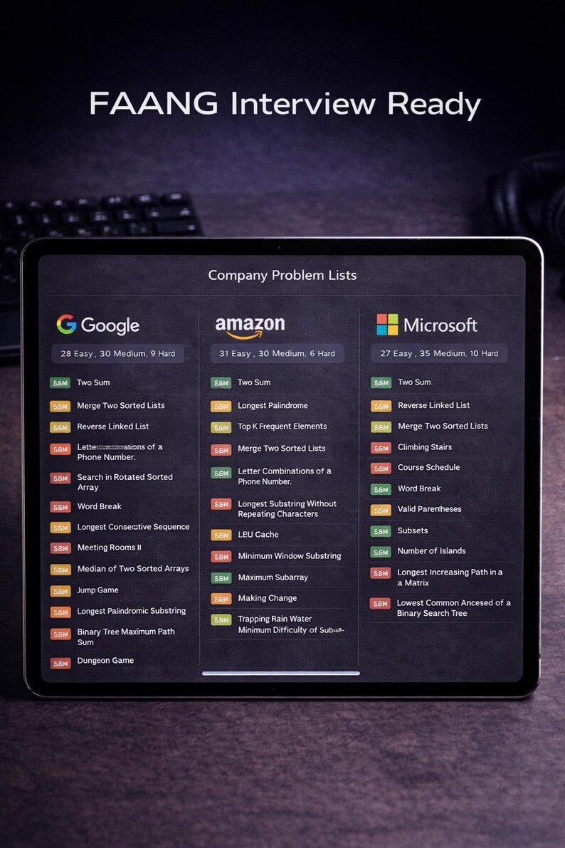 Peut inclure: Un &eacute;cran de tablette affiche "FAANG Interview Ready" avec des listes de probl&egrave;mes d'entreprise pour Google, Amazon et Microsoft. Chaque liste comprend des niveaux de difficult&eacute; et des noms de probl&egrave;mes tels que "Two Sum" et "Merge Two Sorted Lists."