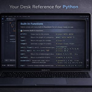 Peut inclure: Un ordinateur portable MacBook Pro affiche du code Python avec le texte "Your Desk Reference for Python". L'&eacute;cran affiche "Built-in Functions" et des exemples de code. Un porte-stylo, un casque et un carnet sont sur le bureau.