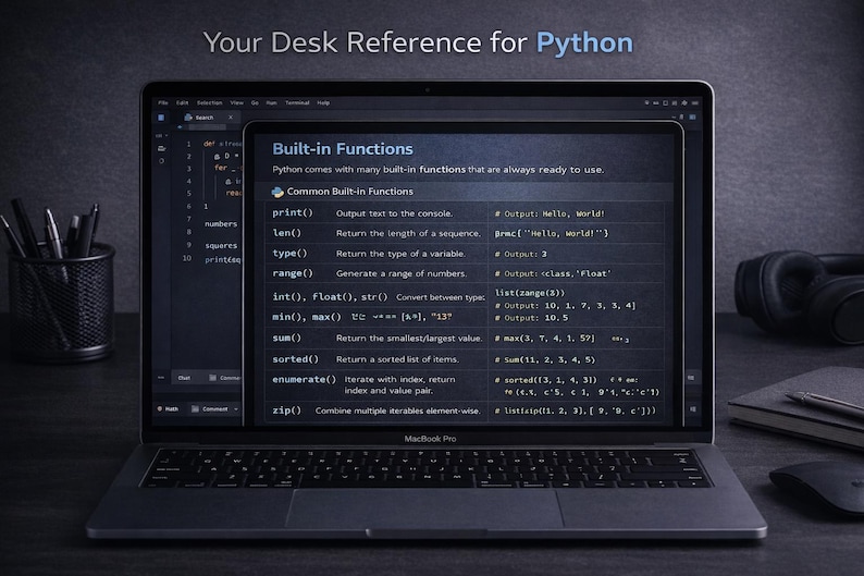 Peut inclure: Un ordinateur portable MacBook Pro affiche du code Python avec le texte "Your Desk Reference for Python". L'&eacute;cran affiche "Built-in Functions" et des exemples de code. Un porte-stylo, un casque et un carnet sont sur le bureau.