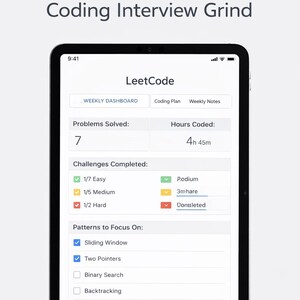 Peut inclure: Une tablette noire affiche l'interface de l'application LeetCode, suivant les progr&egrave;s d'un entretien de codage. L'&eacute;cran affiche 'Track Your Coding Interview Grind', avec des donn&eacute;es sur les probl&egrave;mes r&eacute;solus, les heures cod&eacute;es et les d&eacute;fis relev&eacute;s. Comprend 'Sliding Window'.