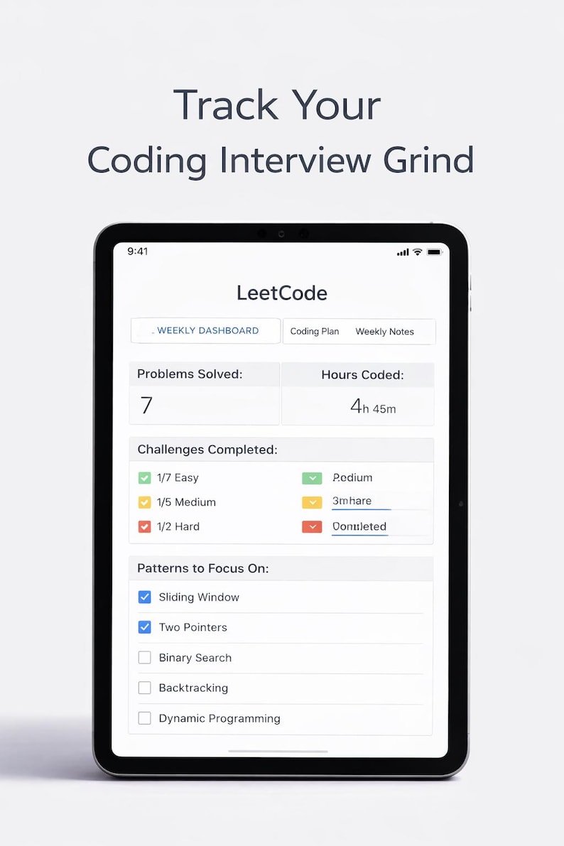Peut inclure: Une tablette noire affiche l'interface de l'application LeetCode, suivant les progr&egrave;s d'un entretien de codage. L'&eacute;cran affiche 'Track Your Coding Interview Grind', avec des donn&eacute;es sur les probl&egrave;mes r&eacute;solus, les heures cod&eacute;es et les d&eacute;fis relev&eacute;s. Comprend 'Sliding Window'.