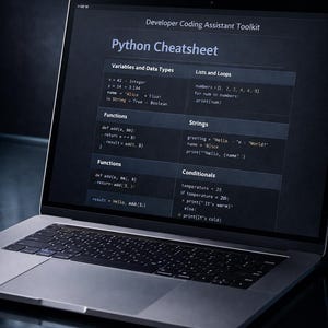 以下が含まれることがあります： ラップトップには、変数、データ型、リスト、ループ、文字列、関数、条件文のコード例が示されたPythonチートシートが表示されています。画面には「Developer Coding Assistant Toolkit」というテキストが表示されています。ラップトップはシルバーとブラックです。