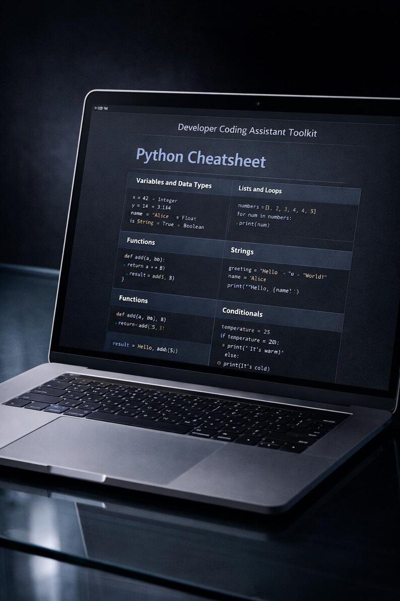 以下が含まれることがあります： ラップトップには、変数、データ型、リスト、ループ、文字列、関数、条件文のコード例が示されたPythonチートシートが表示されています。画面には「Developer Coding Assistant Toolkit」というテキストが表示されています。ラップトップはシルバーとブラックです。