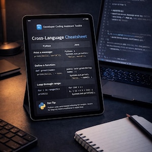 以下が含まれることがあります： PythonとJavaプログラミング用の「Cross-Language Cheatsheet」を表示するタブレット。画面には、メッセージの印刷、関数の定義、範囲のループ処理を行うコードスニペットが表示されています。コードが書かれたラップトップ、キーボード、マウス、メモ帳も表示されています。
