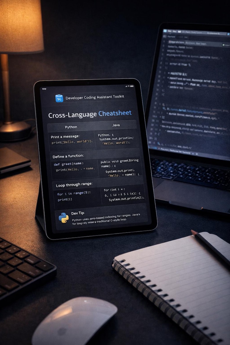 以下が含まれることがあります： PythonとJavaプログラミング用の「Cross-Language Cheatsheet」を表示するタブレット。画面には、メッセージの印刷、関数の定義、範囲のループ処理を行うコードスニペットが表示されています。コードが書かれたラップトップ、キーボード、マウス、メモ帳も表示されています。