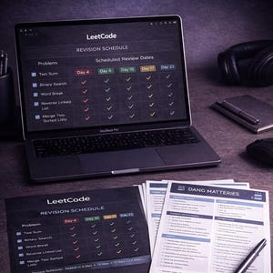 Peut inclure: Un ordinateur portable affichant un calendrier de r&eacute;vision "LeetCode", avec une copie imprim&eacute;e et des notes. Le calendrier r&eacute;pertorie les probl&egrave;mes avec les dates de r&eacute;vision. Un casque, une souris et un stylo sont &eacute;galement visibles.