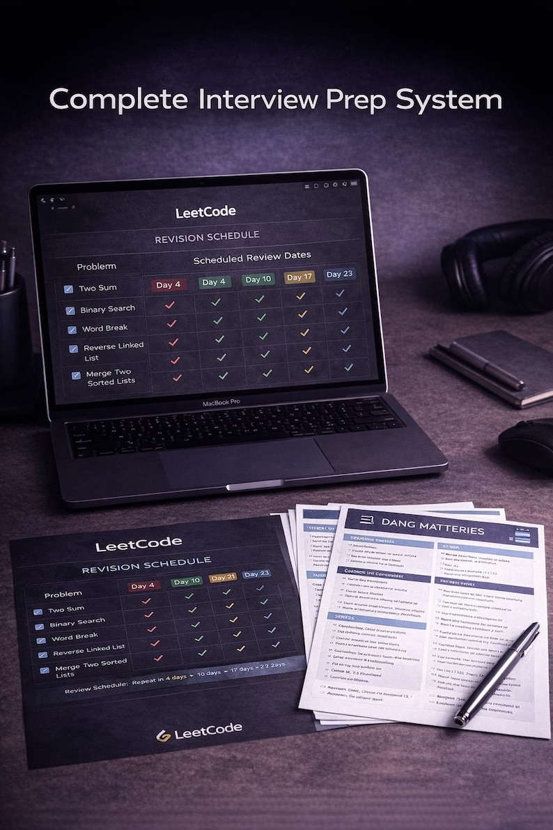 Peut inclure: Un ordinateur portable affichant un calendrier de r&eacute;vision "LeetCode", avec une copie imprim&eacute;e et des notes. Le calendrier r&eacute;pertorie les probl&egrave;mes avec les dates de r&eacute;vision. Un casque, une souris et un stylo sont &eacute;galement visibles.