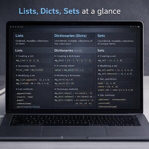 Peut inclure: Un ordinateur portable affiche un &eacute;cran sombre avec le texte "Lists, Dicts, Sets at a glance". L'&eacute;cran montre des exemples de code pour les listes, les dictionnaires et les ensembles. Une tasse blanche et un livre sont &agrave; gauche.